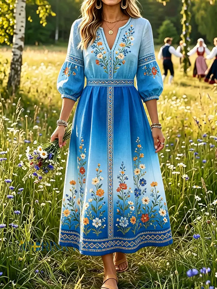Damer Svensk midsommar Dalahästtryck Casual mode Bomull-linne V-ringning Klänning - A / S