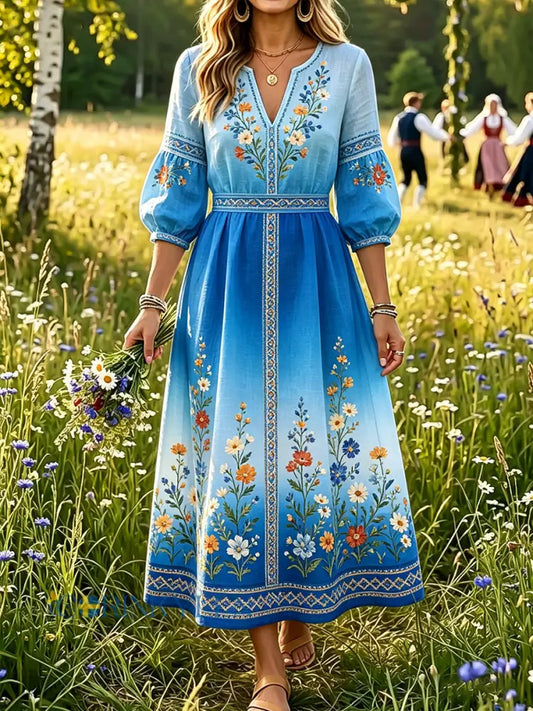 Damer Svensk midsommar Dalahästtryck Casual mode Bomull-linne V-ringning Klänning - A / S