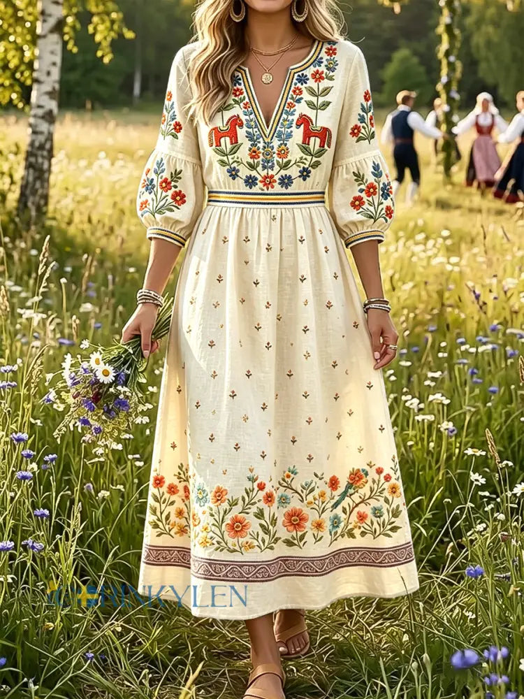 Damer Svensk midsommar Dalahästtryck Casual mode Bomull-linne V-ringning Klänning - kränk-vitt / S