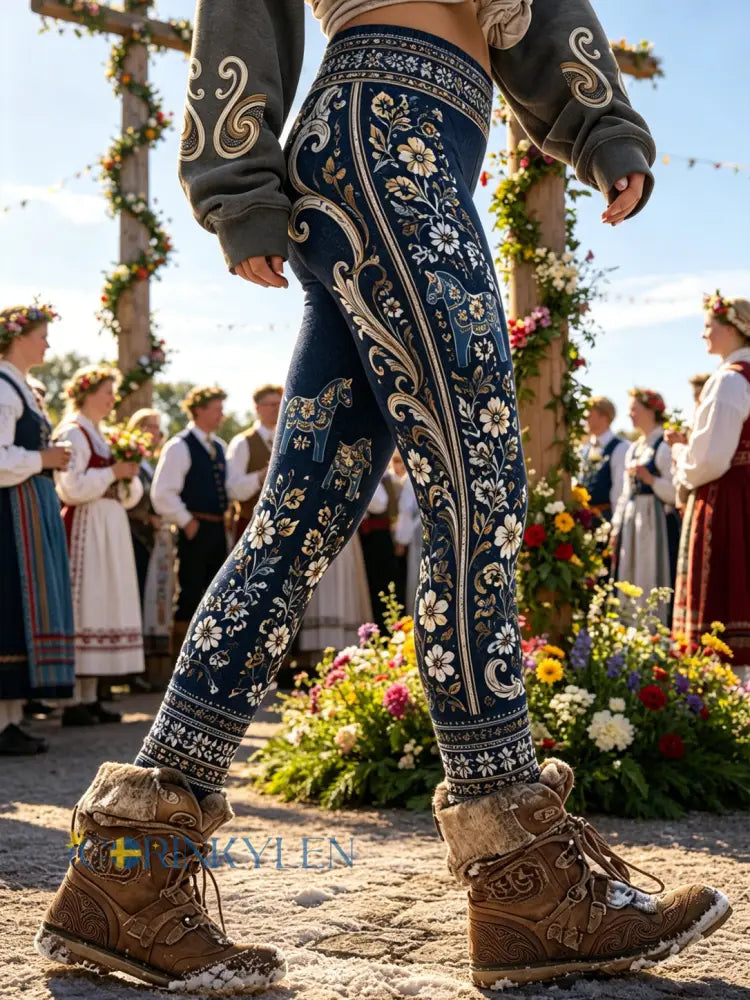 Damer Svensk Midsommardags Minneskonsttryck Leggings - A / S