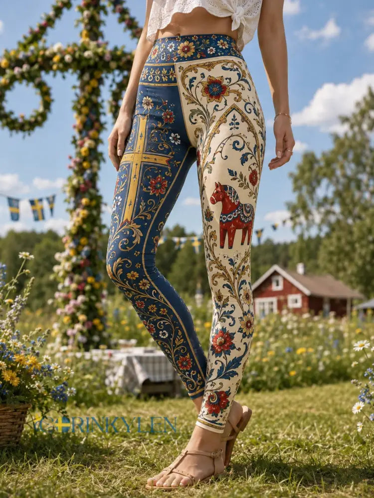 Damer Svensk Midsommardags Minneskonsttryck Leggings - A / S