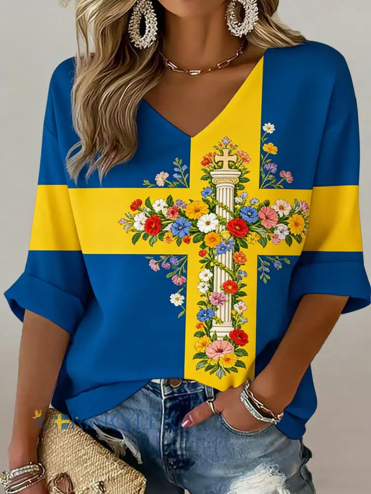 Damer Svensk midsommardagsminneskonsttryckt t-shirt - A / S