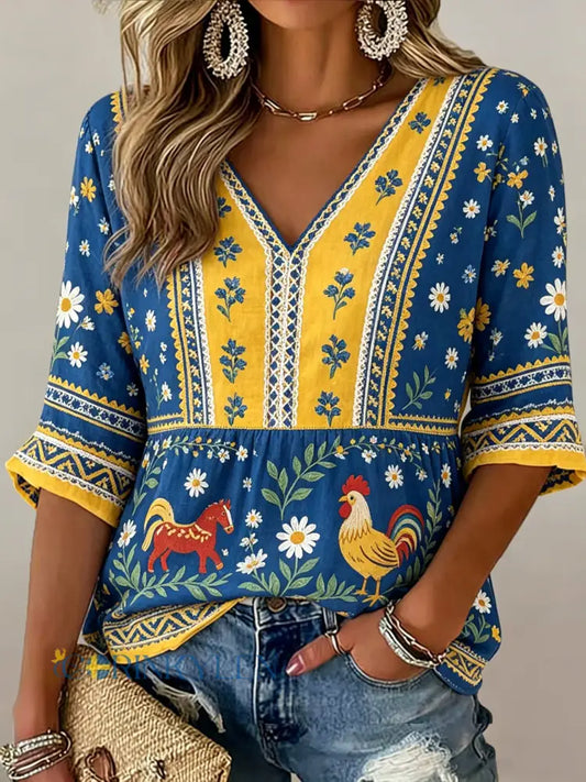 Damer Svensk midsommarfest minnesartprint T-shirt med V-ringning - A / S