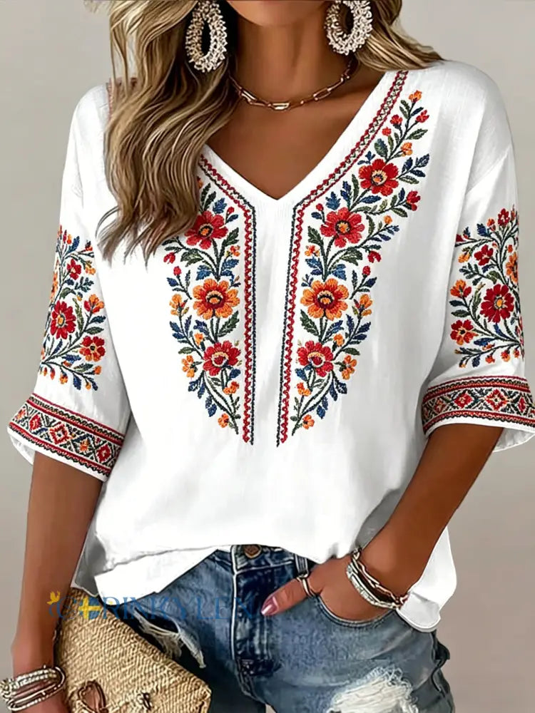 Damer Svensk midsommarfest minnesartprint T-shirt med V-ringning - A / S
