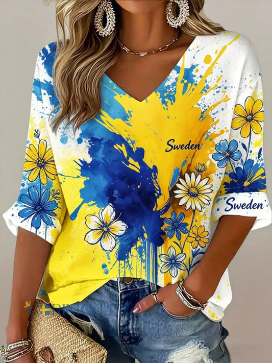 Damer Svensk midsommarfest minnesartprint T-shirt med V-ringning - A / S