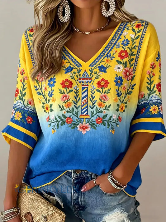 Damer Svensk midsommarfest minnesartprint T-shirt med V-ringning - A / S