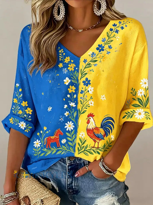 Damer Svensk midsommarfest minnesartprint T-shirt med V-ringning - A / S