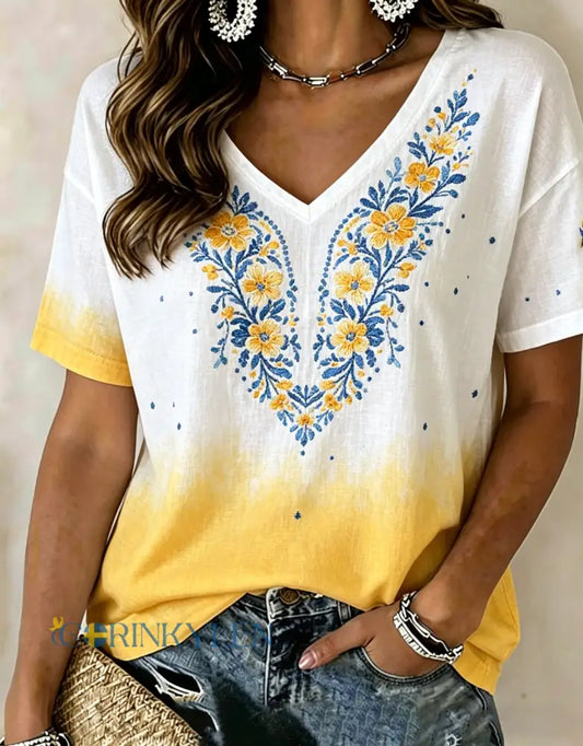 Damer Svensk midsommarfest minnesartprint T-shirt med V-ringning - A / S