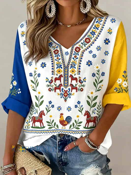 Damer Svensk midsommarfest minnesartprint T-shirt med V-ringning - A / S
