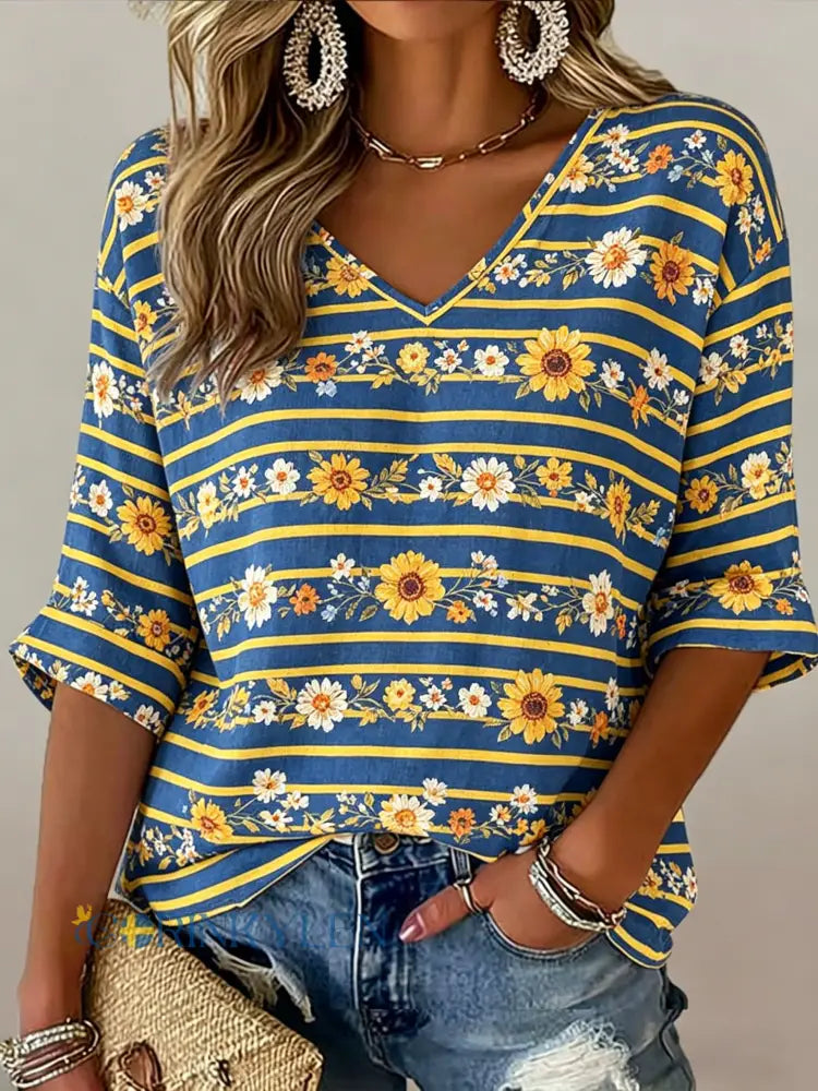 Damer Svensk midsommarfest minnesartprint T-shirt med V-ringning - A / S