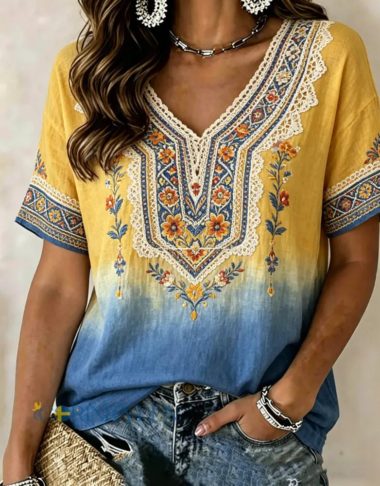 Damer Svensk midsommarfest minnesartprint T-shirt med V-ringning - A / S