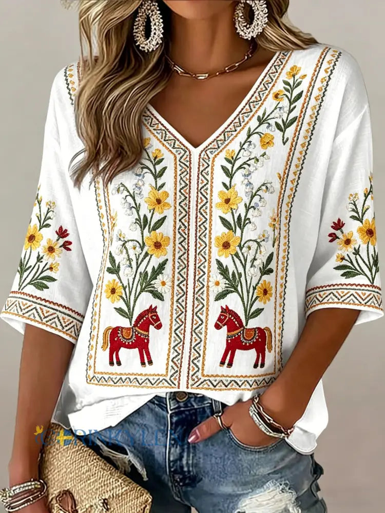 Damer Svensk midsommarfest minnesartprint T-shirt med V-ringning - A / S