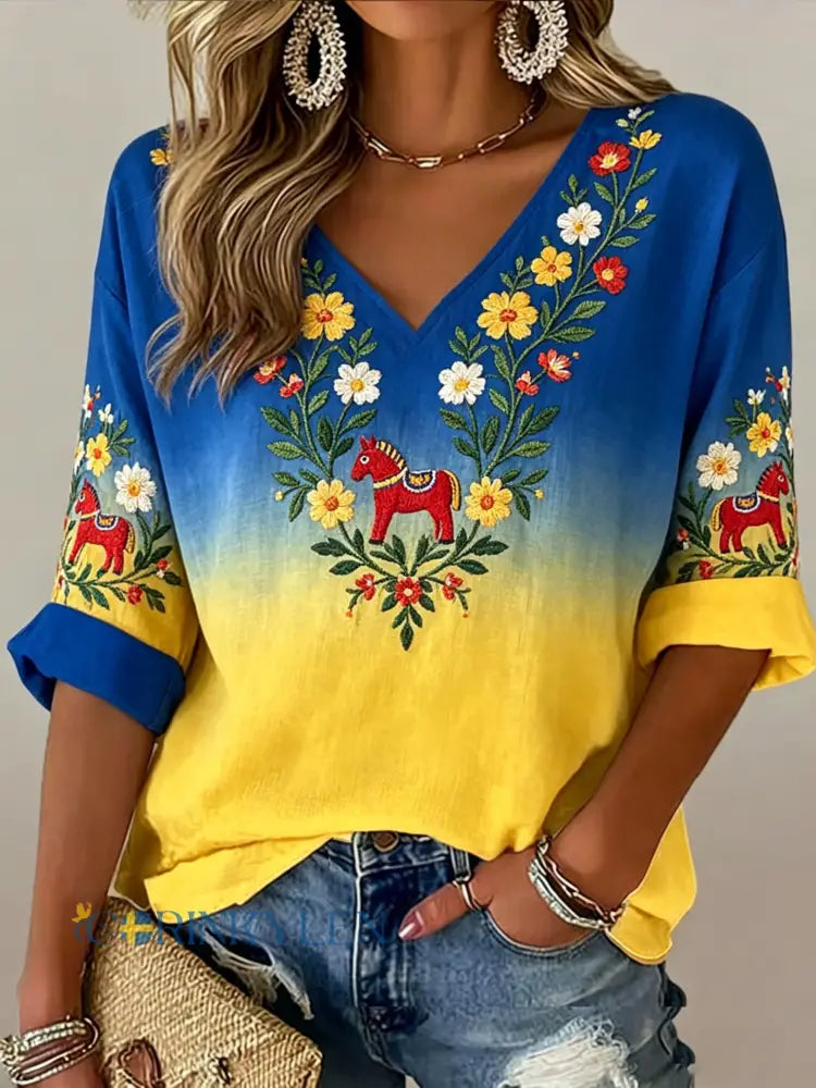 Damer Svensk midsommarfest minnesartprint T-shirt med V-ringning - A / S
