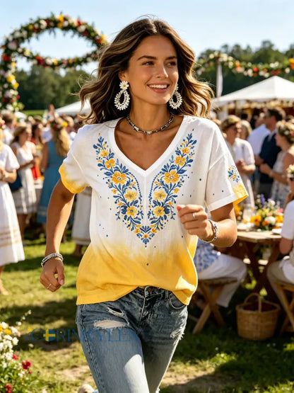 Damer Svensk midsommarfest minnesartprint T-shirt med V-ringning - B / S
