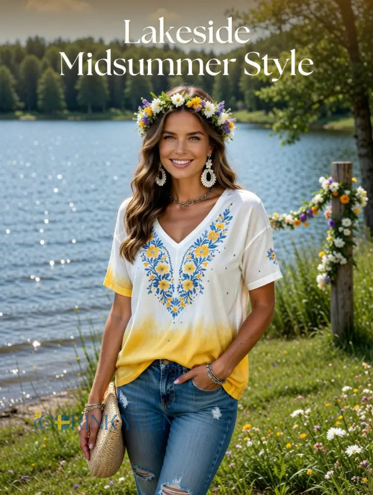 Damer Svensk midsommarfest minnesartprint T-shirt med V-ringning - C / S