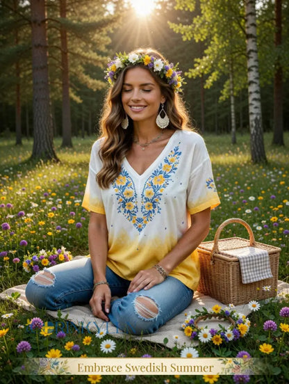 Damer Svensk midsommarfest minnesartprint T-shirt med V-ringning - D / S