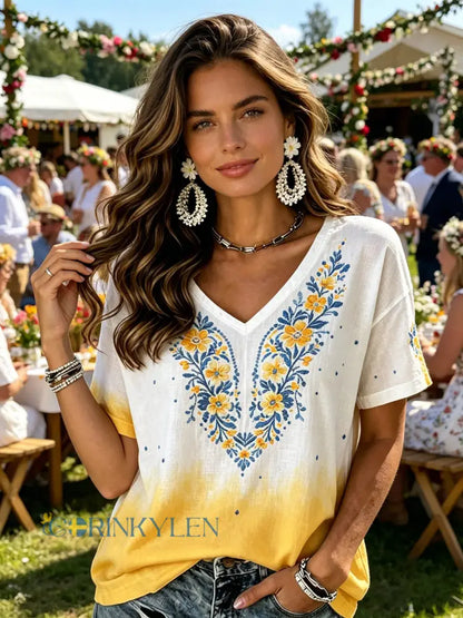 Damer Svensk midsommarfest minnesartprint T-shirt med V-ringning - E / S
