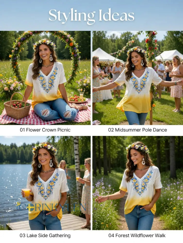 Damer Svensk midsommarfest minnesartprint T-shirt med V-ringning - F / S