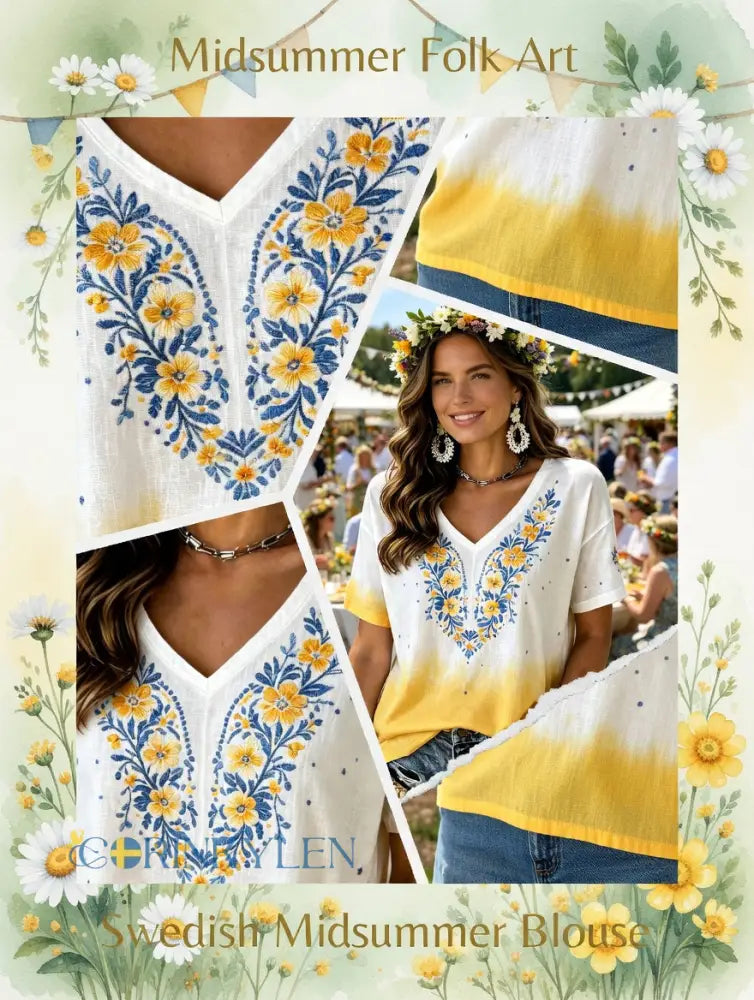 Damer Svensk midsommarfest minnesartprint T-shirt med V-ringning - G / S