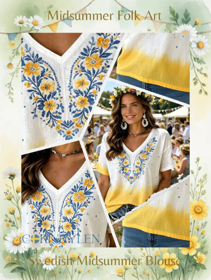 Damer Svensk midsommarfest minnesartprint T-shirt med V-ringning - G / S