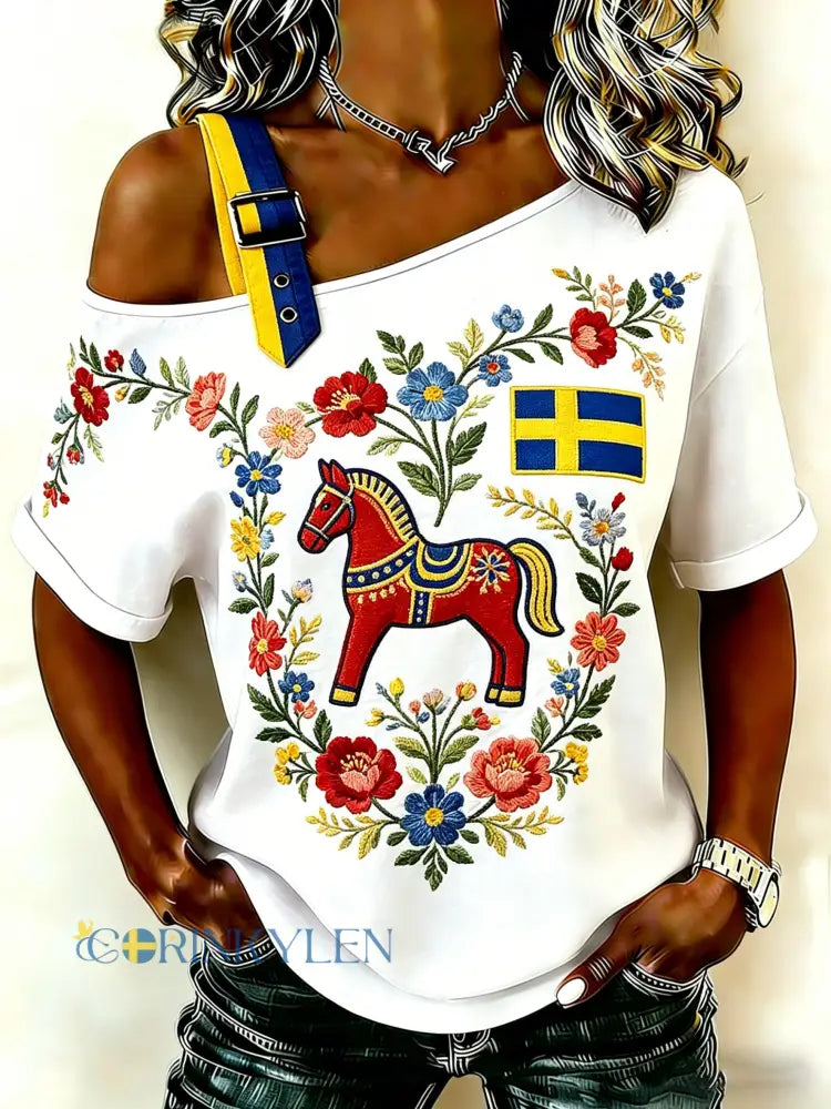 Damer Svensk midsommarfest minneskonsttryck axellös topp - A / S