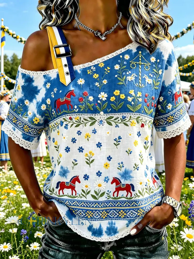 Damer Svensk midsommarfest minneskonsttryck axellös topp - A / S