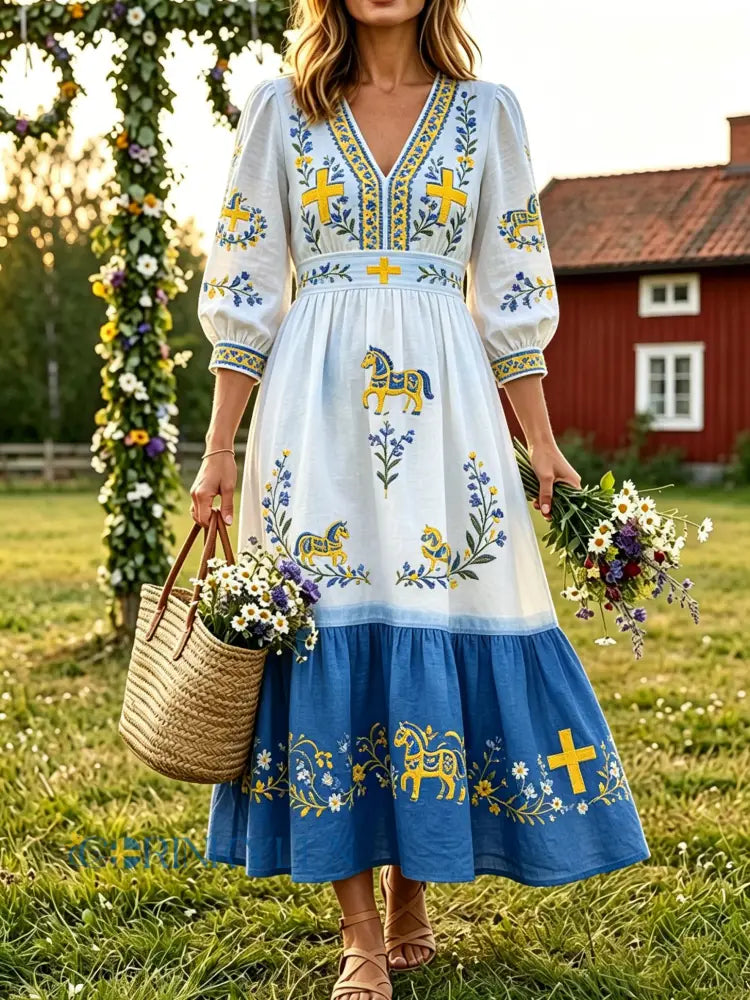 Damer Svensk midsommarfest minneskonsttryck klänning - A / S