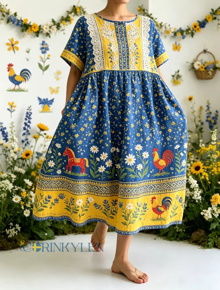 Damer Svensk midsommarfest minneskonsttryck lång klänning - A / S