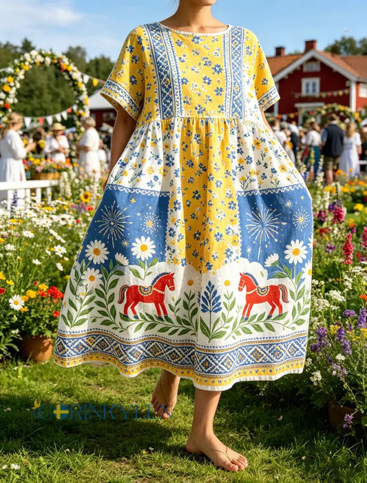 Damer Svensk midsommarfest minneskonsttryck lång klänning - A / S