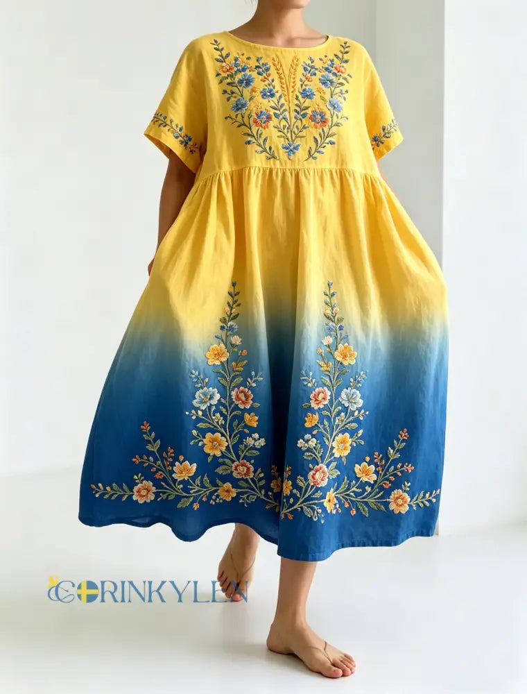 Damer Svensk midsommarfest minneskonsttryck lång klänning - A / S