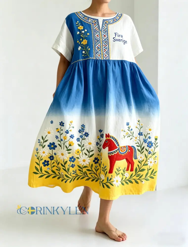 Damer Svensk midsommarfest minneskonsttryck lång klänning - A / S