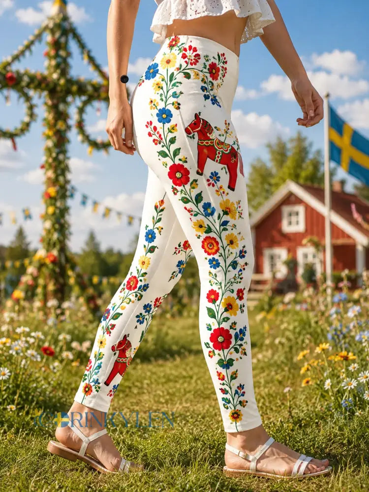 Damer Svensk Midsommarfest Minneskonsttryck Leggings - A / S