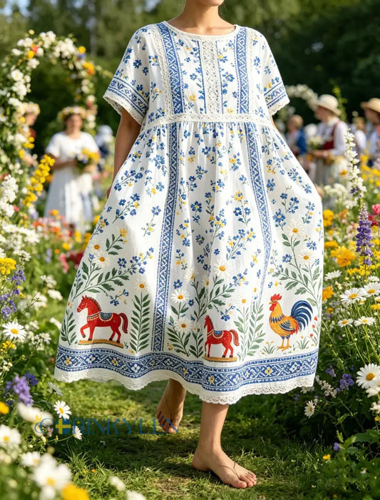 Damer Svensk midsommarfest minneskonsttryck maxiklänning - A / S
