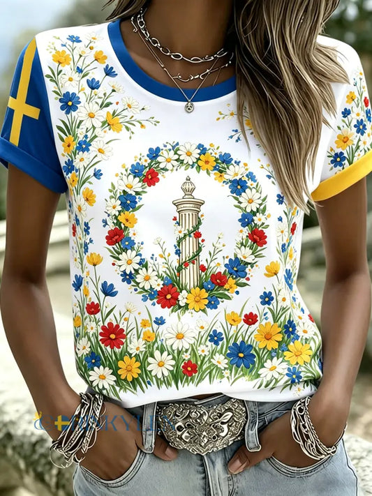 Damer Svensk midsommarfest minneskonsttryck T-shirt - A / S