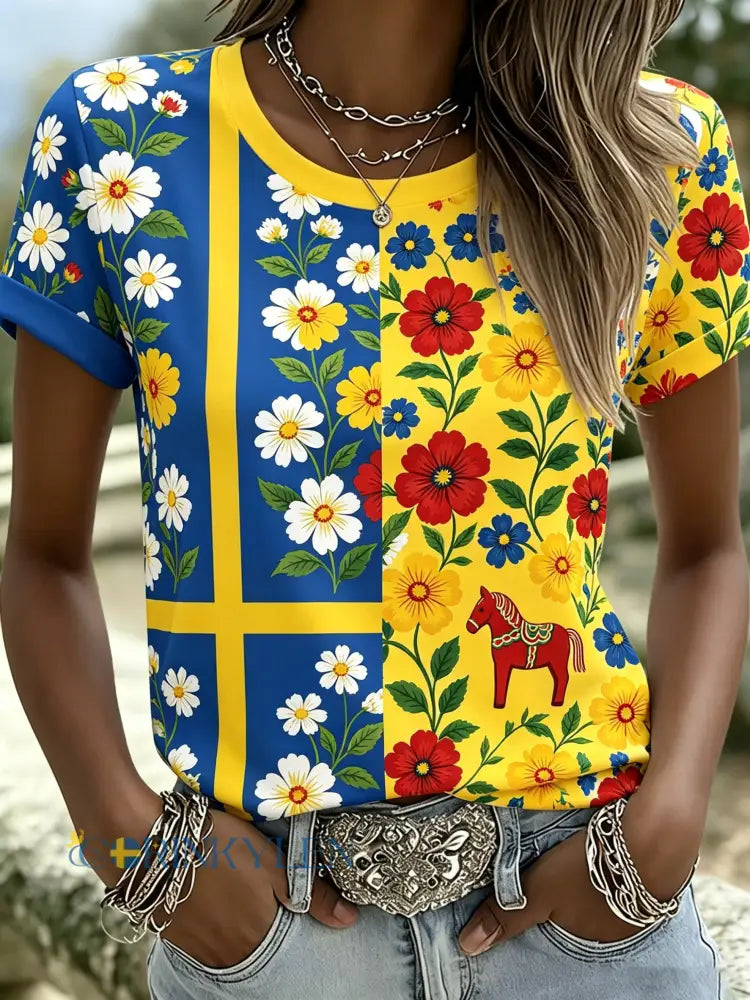 Damer Svensk midsommarfest minneskonsttryck T-shirt - A / S