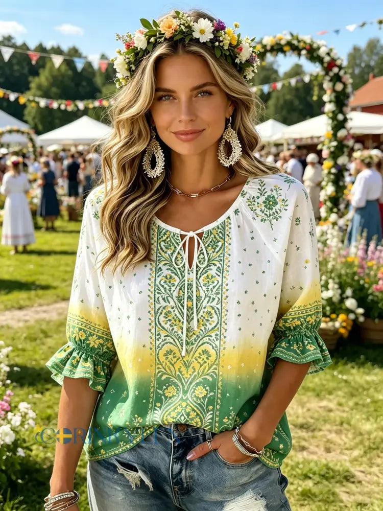 Damer Svensk midsommarfest minneskonsttryck T-shirt - D / S