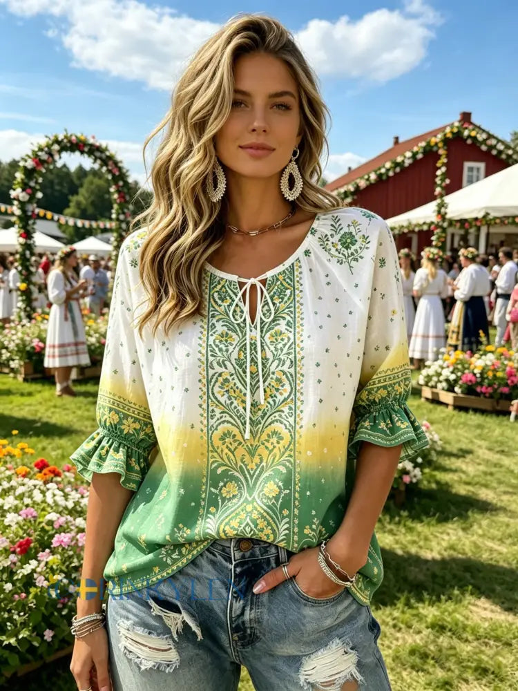 Damer Svensk midsommarfest minneskonsttryck T-shirt - E / S