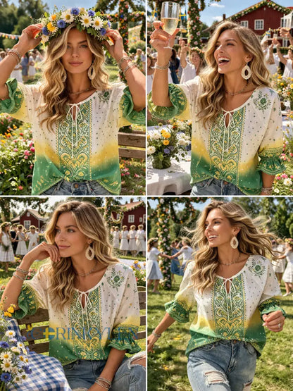 Damer Svensk midsommarfest minneskonsttryck T-shirt - F / S