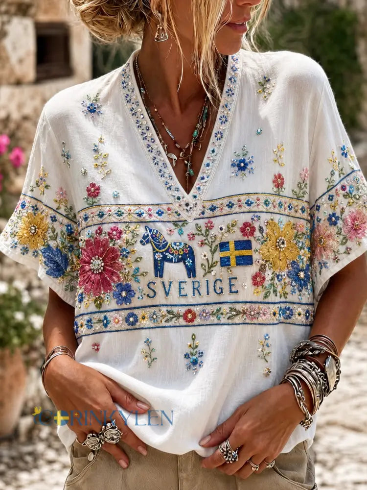 Damer Svensk midsommarfestkonsttryck V-ringad topp - A / S