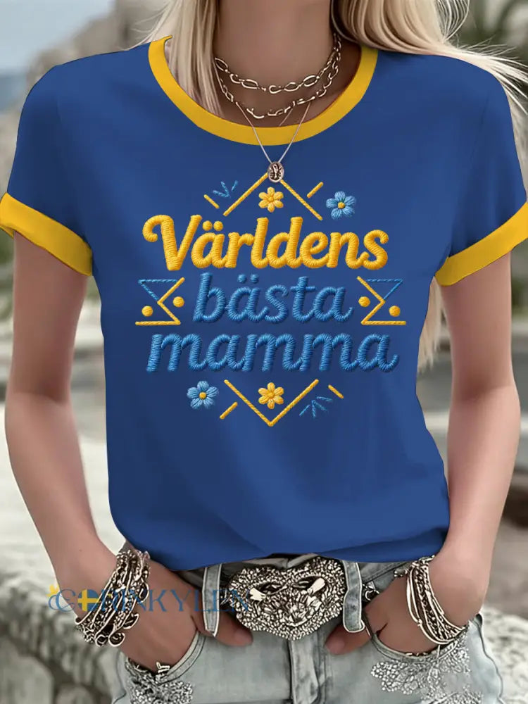 Damer Svensk Morsdag Tryckt T-shirt - blå / S