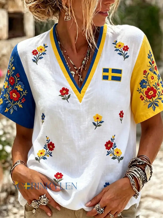 Damer Svensk nationaldag Midsommarfest minneskonsttryck V-ringad topp - A / S
