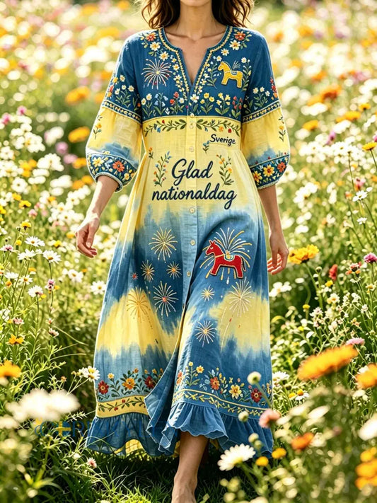 Damer Svensk nationaldag minneskonsttryck klänning - A / S