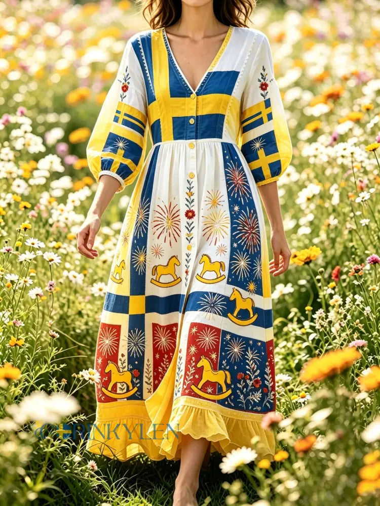 Damer Svensk nationaldag minneskonsttryck lång klänning - A / S