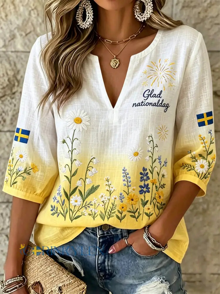 Damer Svensk nationaldag minneskonsttryck V-ringad topp - A / S