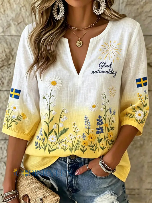 Damer Svensk nationaldag minneskonsttryck V-ringad topp - A / S