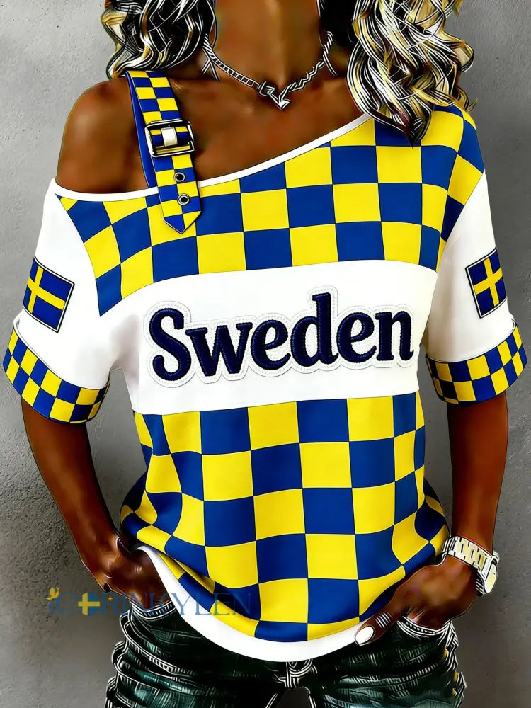 Damer Svensk T-shirt med konsttryck i lokal stil med dalahästar - A / S