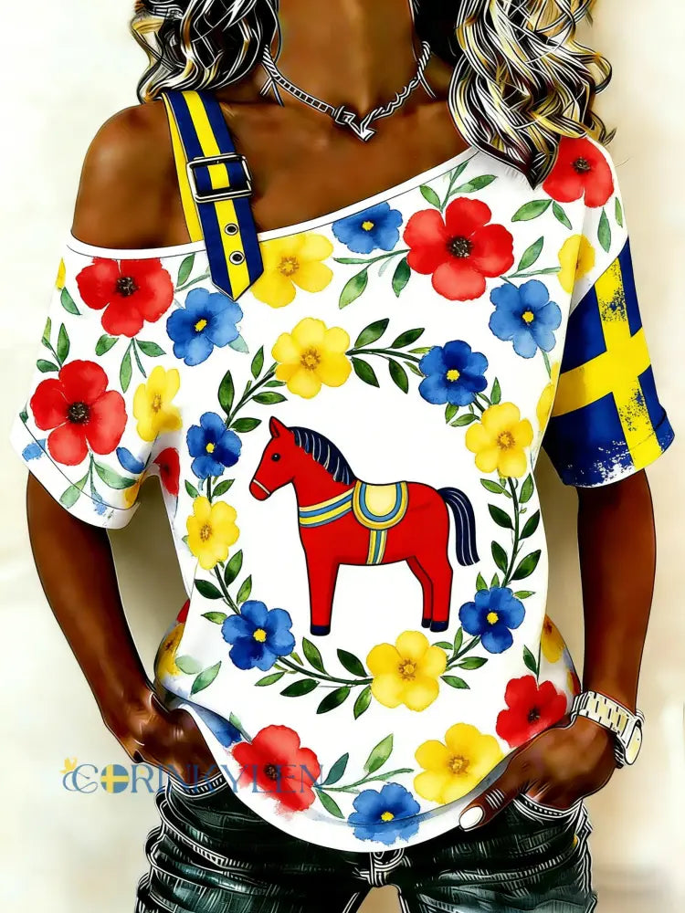 Damer Svensk T-shirt med konsttryck i lokal stil med dalahästar - A / S