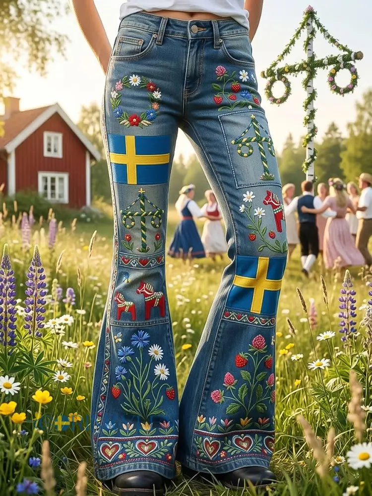 Damer Svenska midsommarblommiga lapptäcksstil avslappnade utsvängda byxor - blå / S