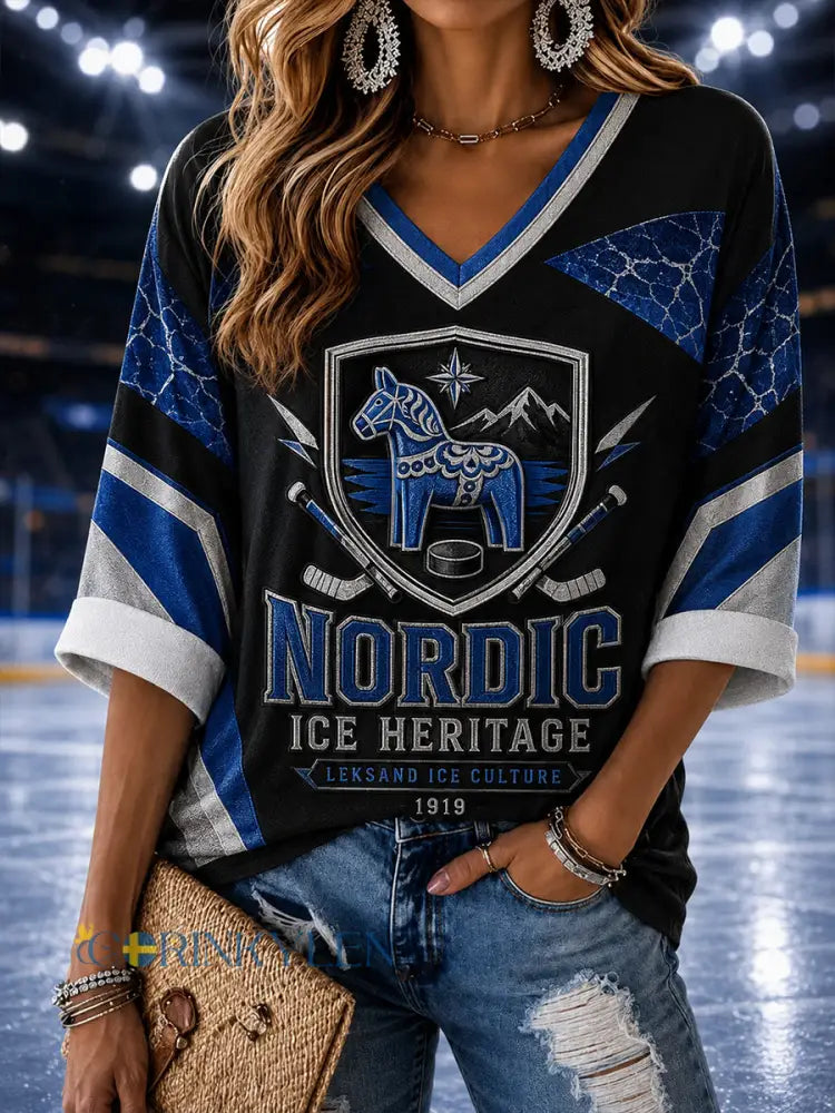 Damer Svenskt Ishockey Leksands IF Fans Kärleksmönstrad Linne V-ringad Tröja - A / S