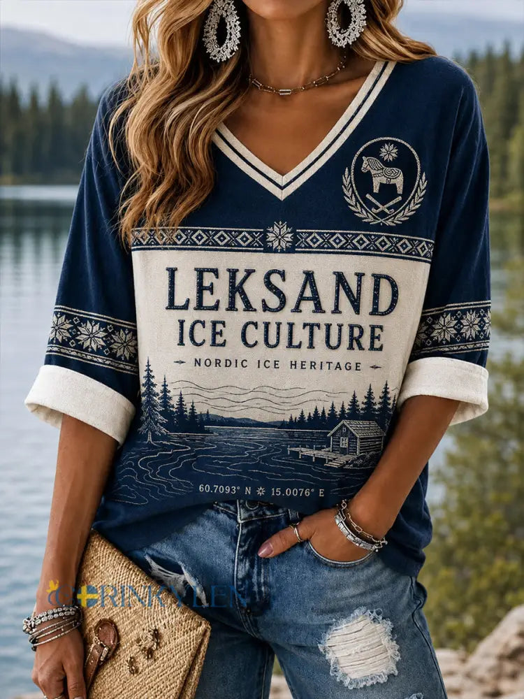 Damer Svenskt Ishockey Leksands IF Fans Kärleksmönstrad Linne V-ringad Tröja - A / S